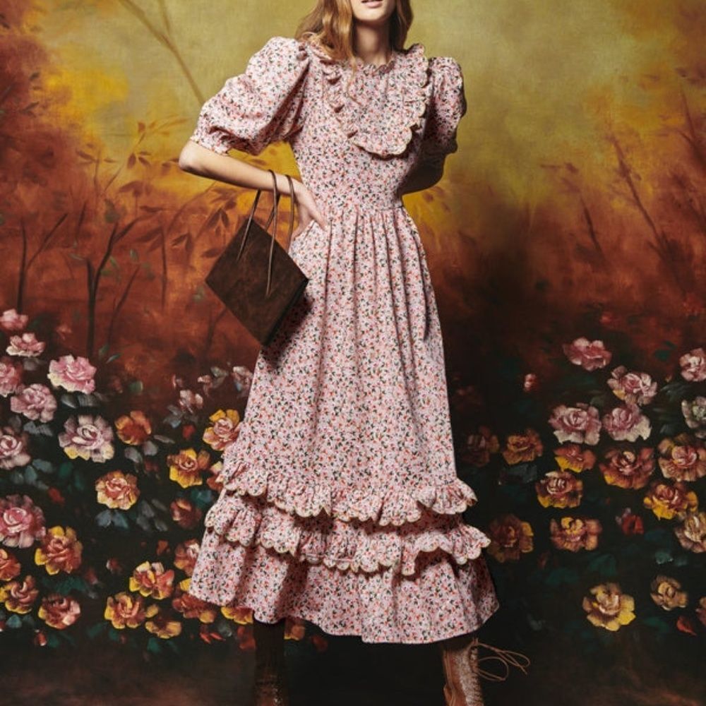 NEW Celia B Cream Pink Abaca Corduroy Floral Ruffle Midi Dress Size XS